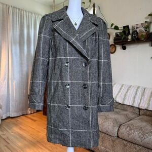 Alorna Vintage Wool Blend Double Breasted Plaid Coat Made in USA Grey White